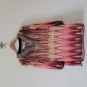 Chico's Sheer Ikat Print Tunic Blouse Sequin Beaded Neckline Size Large